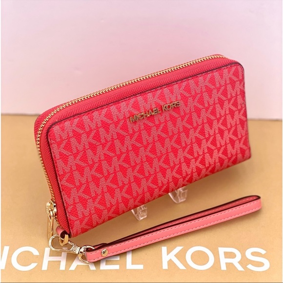 Michael Kors Jet Set Travel Large Phone Case Wristlet Wallet Coral Reef - Picture 5 of 13